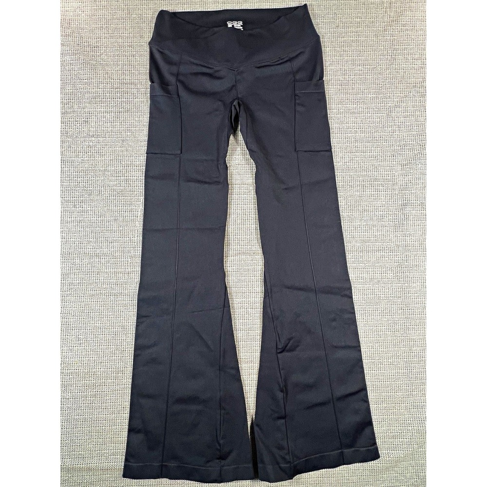 OQQ Women's Black High Rise Pull-On Flared Pants Pockets Stretch Knit Sz S
